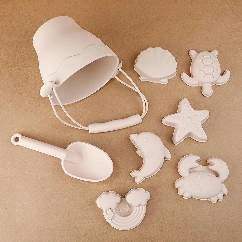 Best Selling Children Summer Outdoor BPA Free Food Grade Silicone Beige White Shovel Bucket Baby Beach Sand Toys Set for Kids
