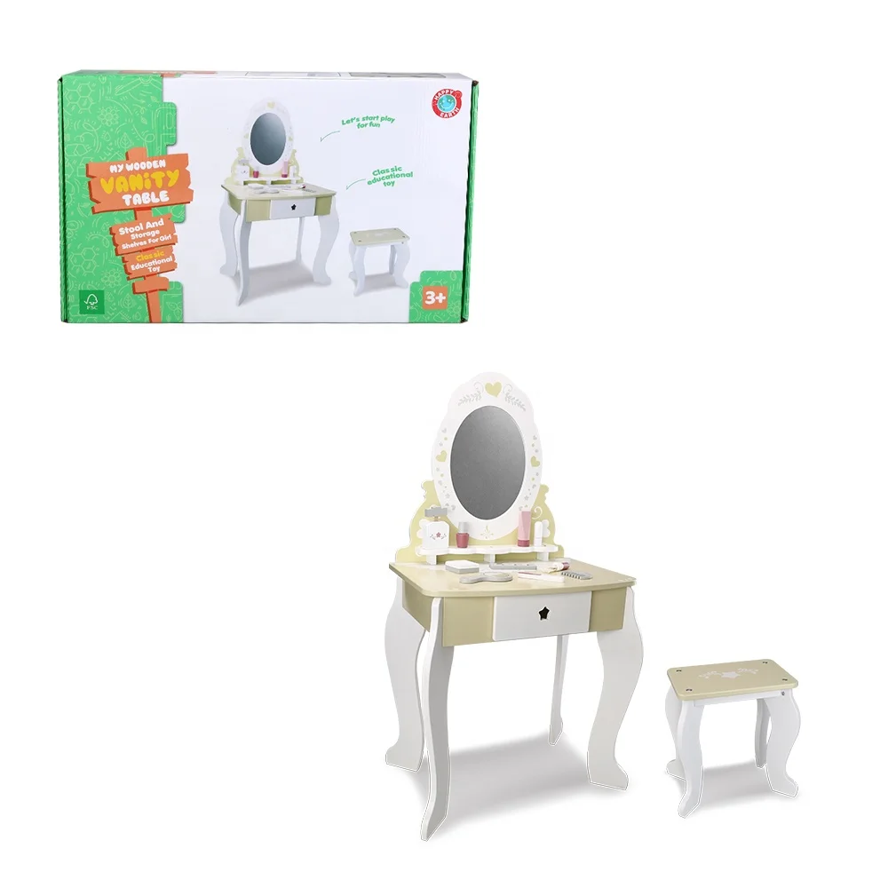 Детский деревянный туалетный столик с зеркалом и табуреткой