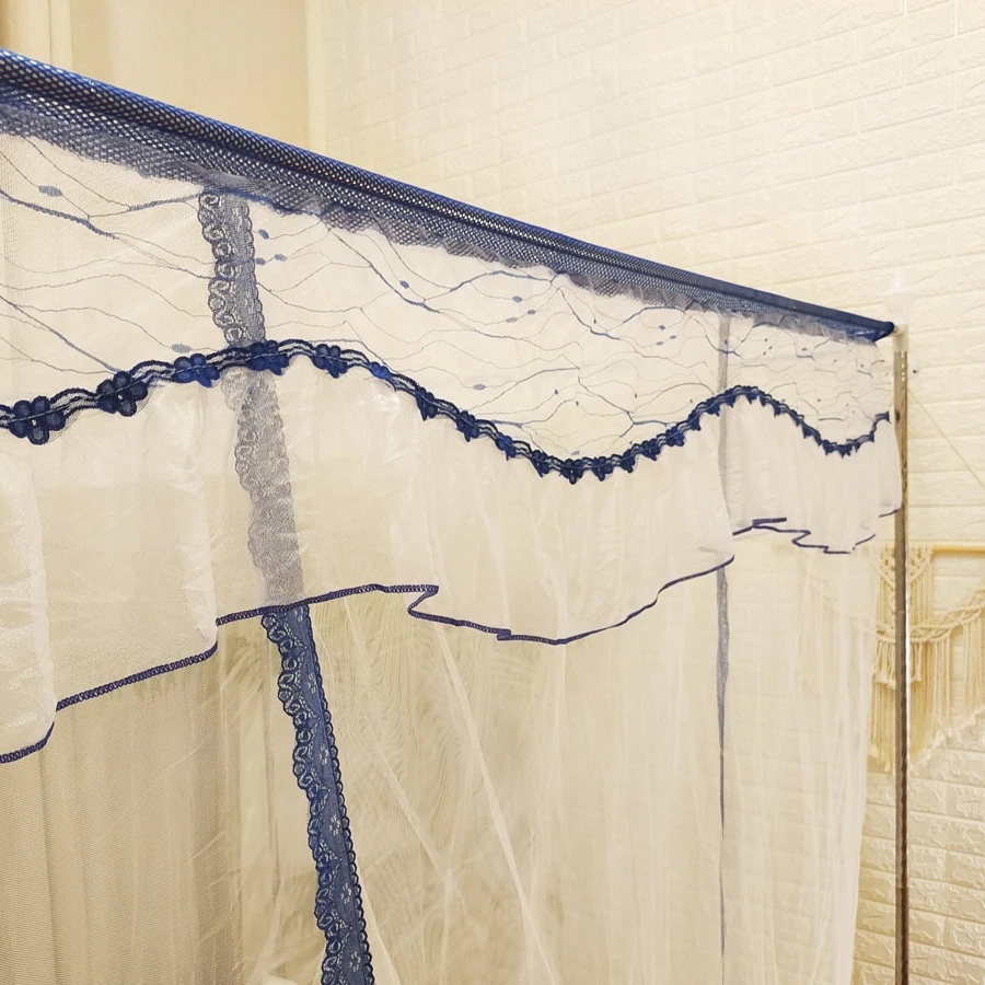 Blue Classic Double Rectangular Tent Mosquito Net with Metal Stands Foldable for Outdoor Camping Travel Home Door Use King Size