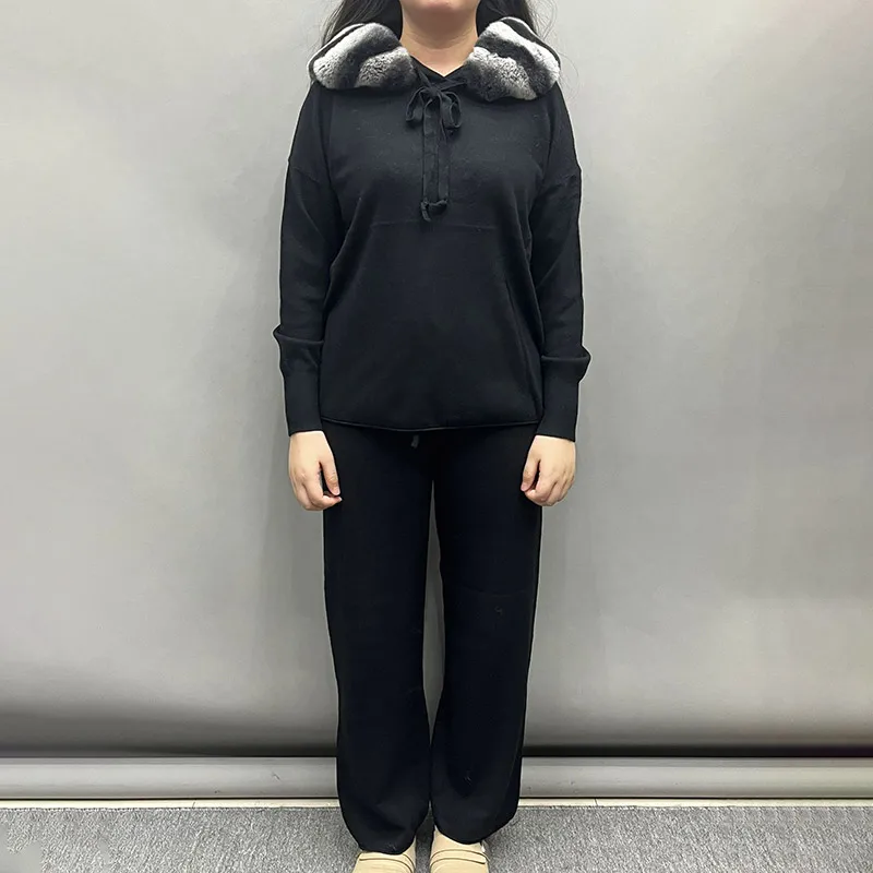 Wholesale Custom Wool Hoodies Pants Knitted Two Piece Sets Women with Rex Rabbit Fur