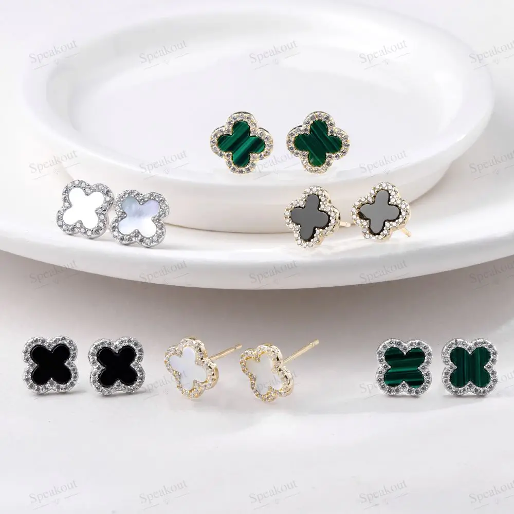 Green Malachite Agate Mother of Pearl Cubic Zircon Lucky Four-Leaf Clover Icon 925 Sterling Silver Stud Earrings Jewelry Set