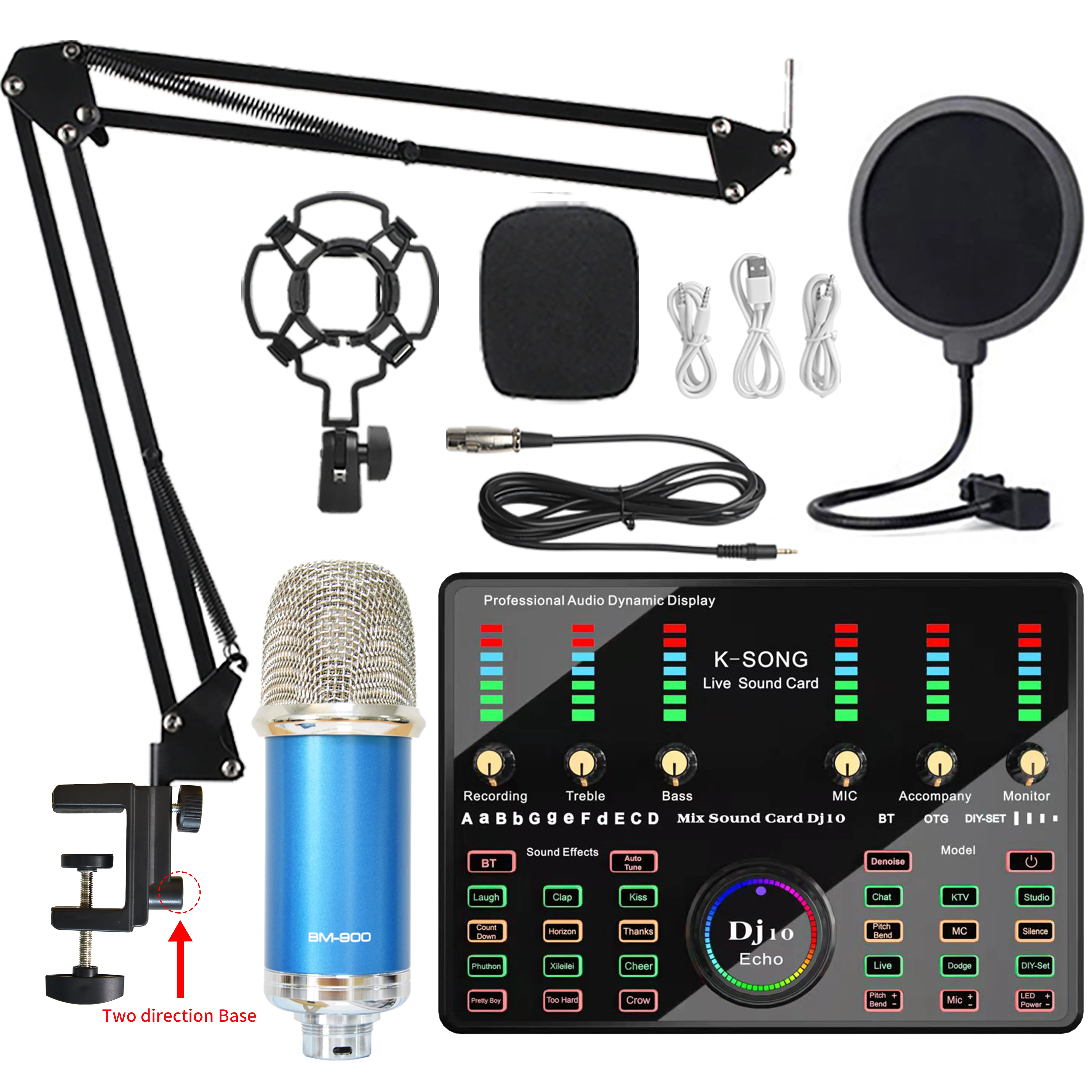 Professional BM800 BM900 Microfono & DJ10 Multi-function Sound Card Set Karaoke Studio Recording Condenser Microphone