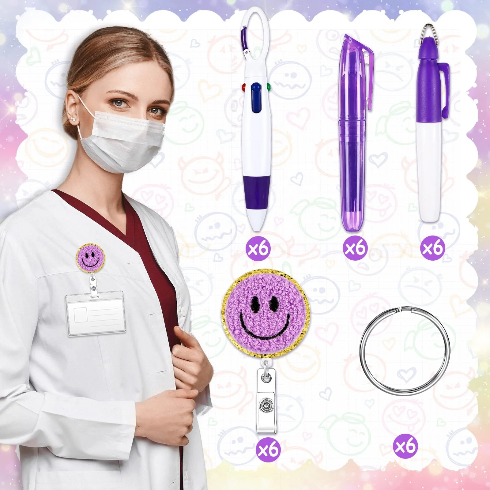 Felt Retractable ID Name Badge Reel Nurse Pen Set Tip Highlighter Permanent Marker Pen Retractable Ball Pen Badge Clip for Nurse