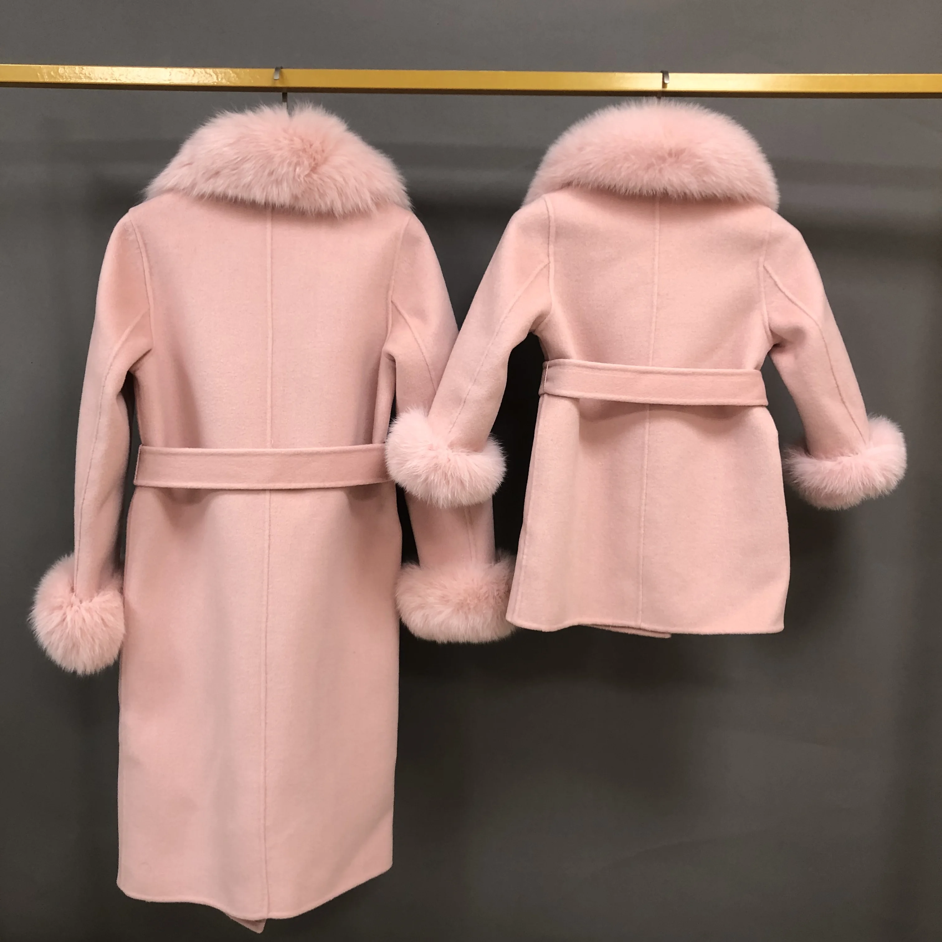 Winter Children Pink Cashmere Coat Real Fox Fur Collar Elegant Wool Overcoat Kids Trench Coat Belt Girls