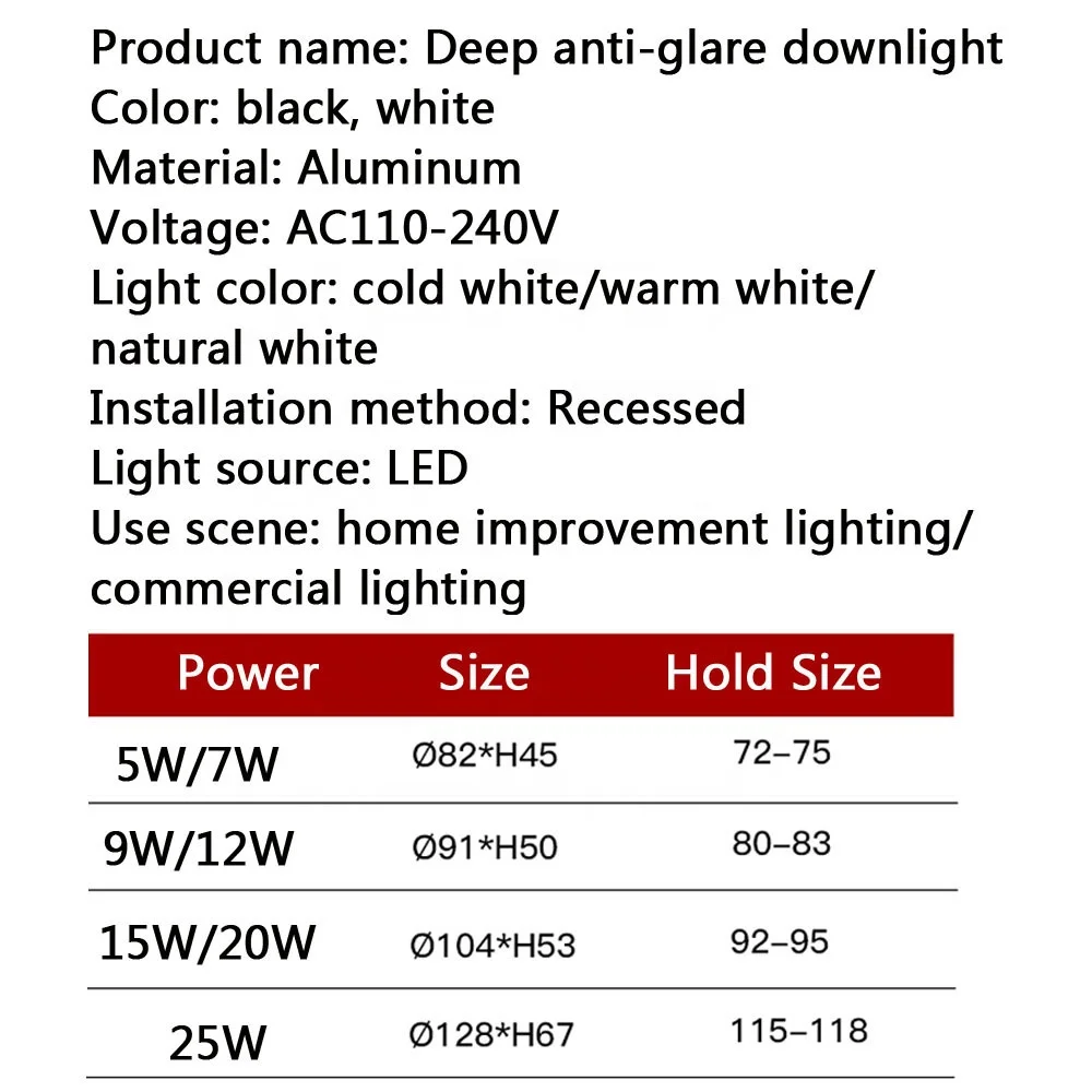 
LED COB Recessed Downlight 5W 7W 9W 12W 15W 20w Round Black White LED Ceiling Spot Light AC85-265V 
