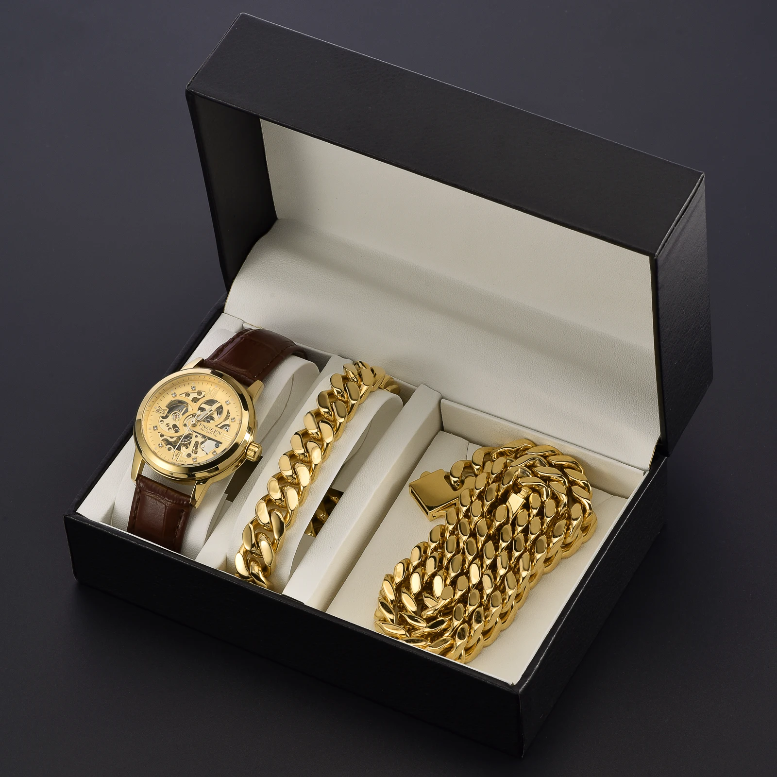 ОЯ класса люкс продажа по оптовым ценам; Принт творческие спортивные водонепроницаемые часы Ожерелье Браслеты ремень кварцевые мужские ювелирные изделия комплект одежды из 3 предметов