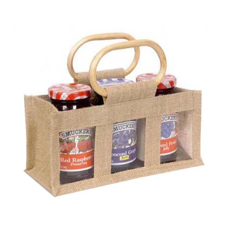 3 bottle jute bag with clear window and cane handles