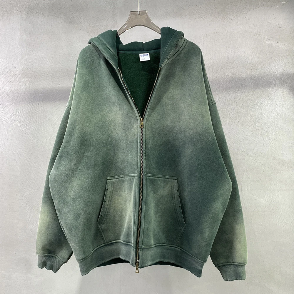 Yingling custom Sun faded Zip Hoodie distressed cotton fleece vintage stone wash Sun faded full zip up hoodie men no string