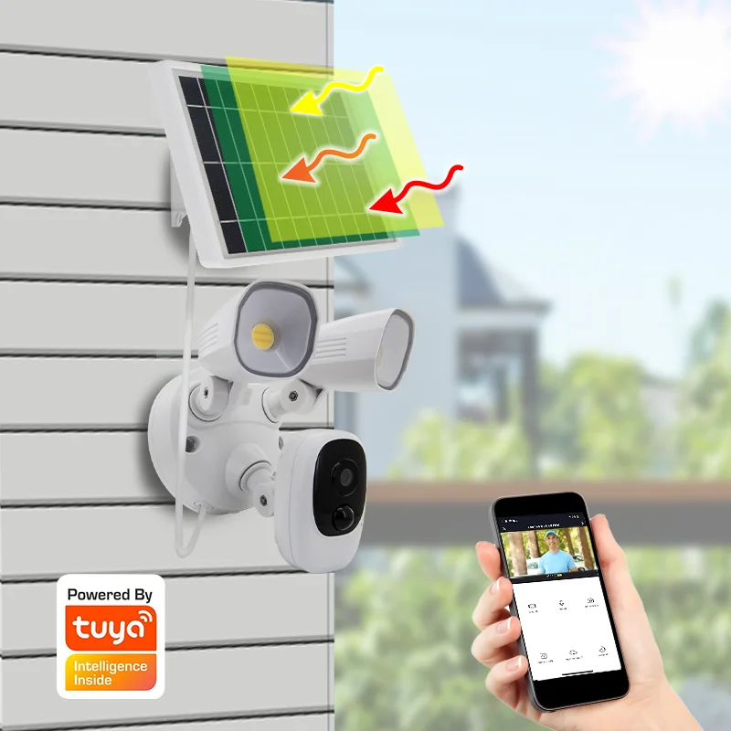smart tuya pir sensor human detection floodlight cameras 12000mAh Battery Solar Powered flood light with cctv camera