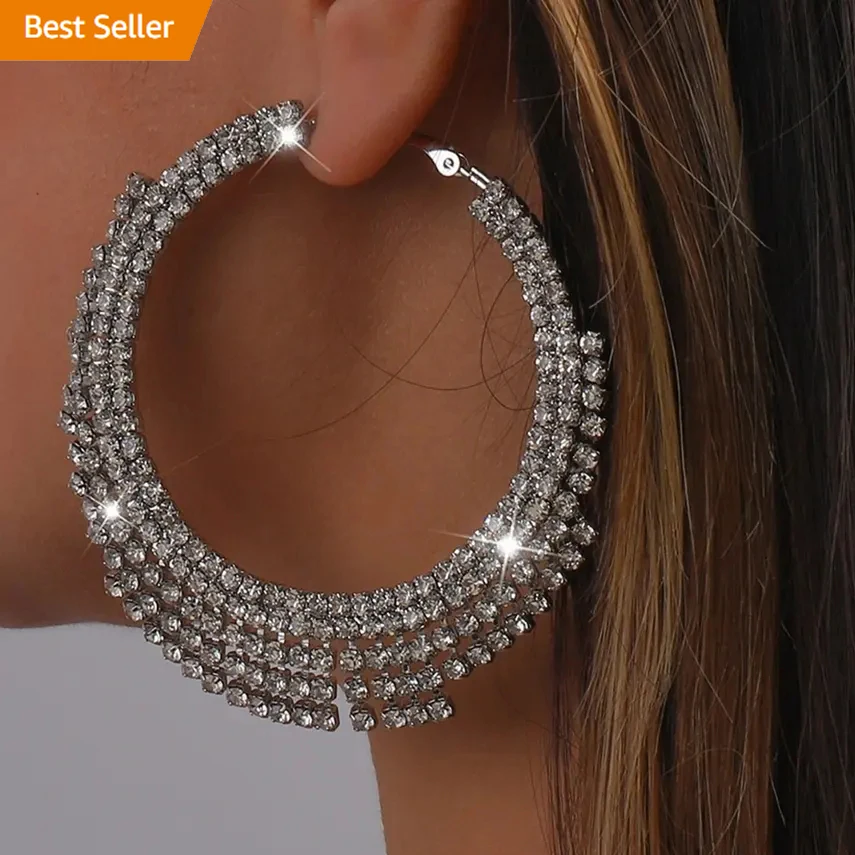 Bling Silver Diamond Rhinestone Decor Big Hoop Earrings Crystal Tassel Fringe Earrings for Women Jewelry moda aretes de mujer
