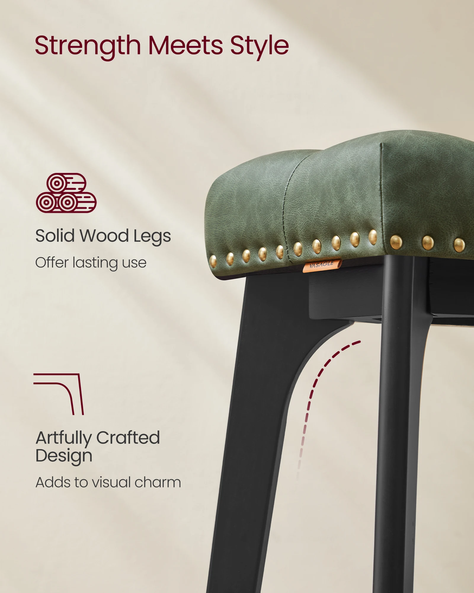 VASAGLE Counter Bar Stools Set of 2 Modern Backless Leather Bar Stools Solid Wood Legs Saddle stools