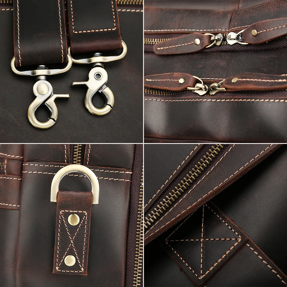 High Quality Brand Large Capacity Vintage Mens Full Grain Genuine Leather Bags Crazy Horse Cow Leather Travel Laptop Briefcase