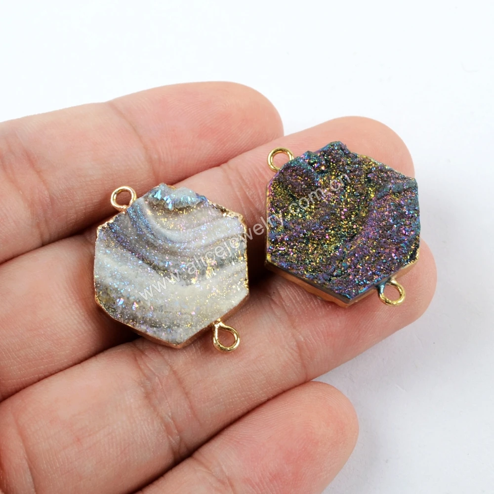 G1618 Hexagon Galaxy Rainbow Titanium Agate Druzy Connector For DIY Jewelry Making