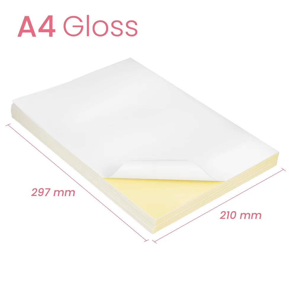 100 x 1 Sheet A4 White Ultra Glossy Self-Adhesive Sticker Labels Laser inkjet Print Paper gloss 210mmx297mm sticker 50gsm
