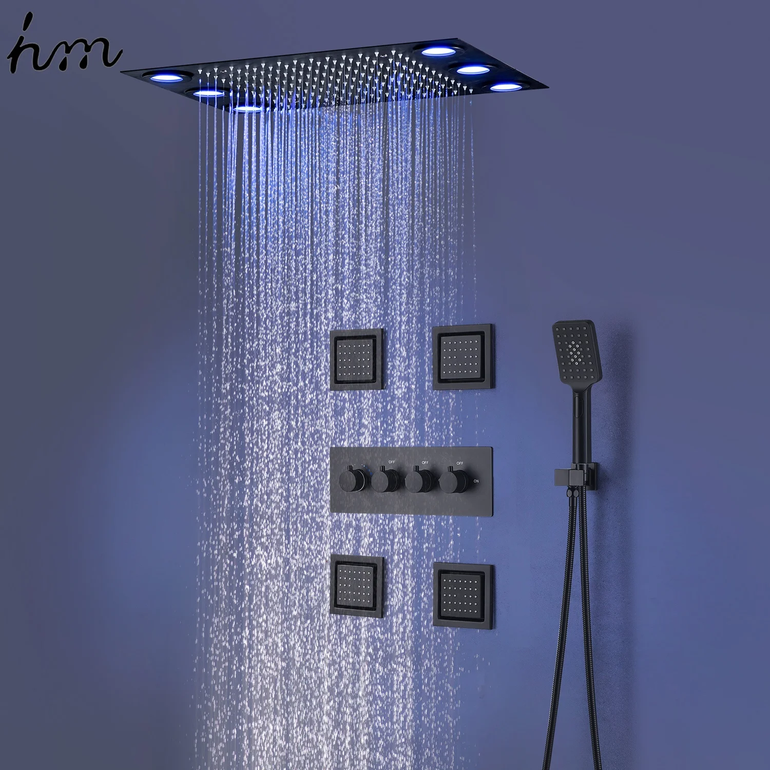 Насадка для душа HM SPA с навесом лейка большим боковым распылением 4 дюйма Многофункциональный светодиодный светильник рисунком под дождем и смешанным