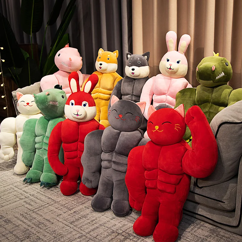 Creative Funny Stuffed Animal Dinosaur With Muscle Adorable Plush Muscular Rabbit Toys Cat Kawaii Squishy Frog Duck Workout Dog