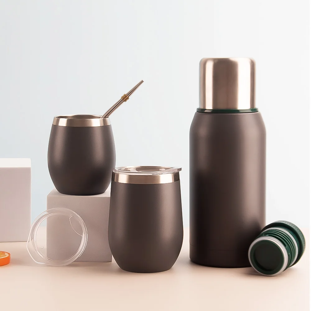 Loncin Hot Selling Yerba Mate Thermos and Cup Set Thermos Bottle and 8oz/12oz Stemless Tumbler Yerba Mate Cup Set