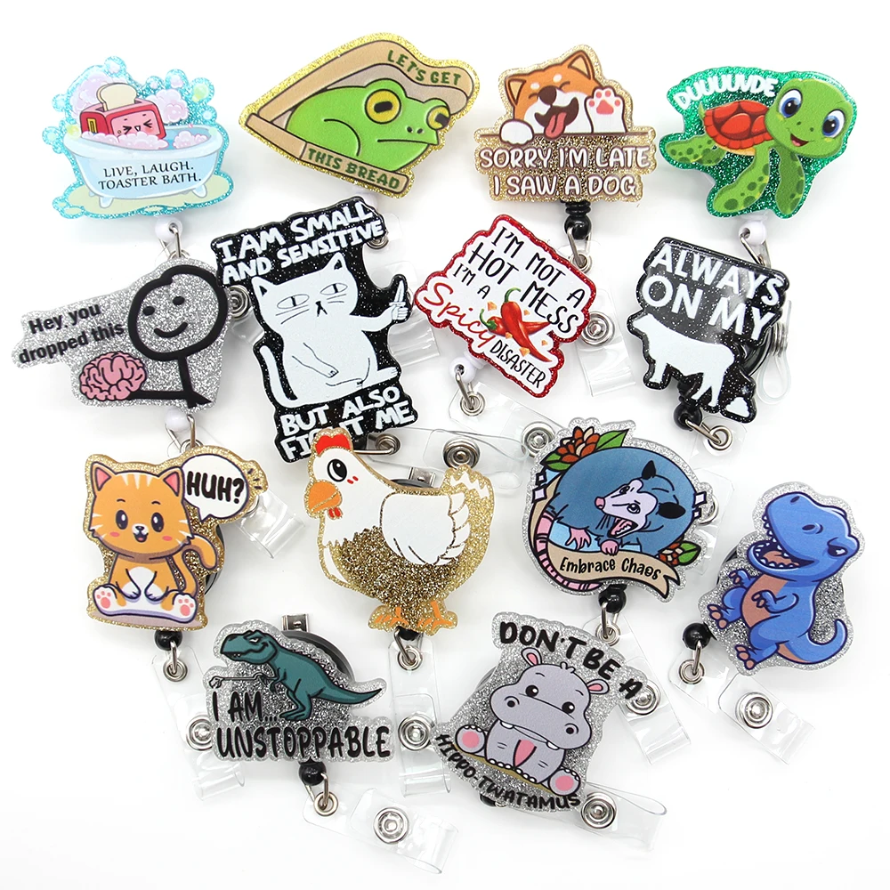 Wholesale Funny Badge Reels Retractable Animal Badge Holder for Nurse Teacher Student Name Card Accessories Glitter Badge Reel