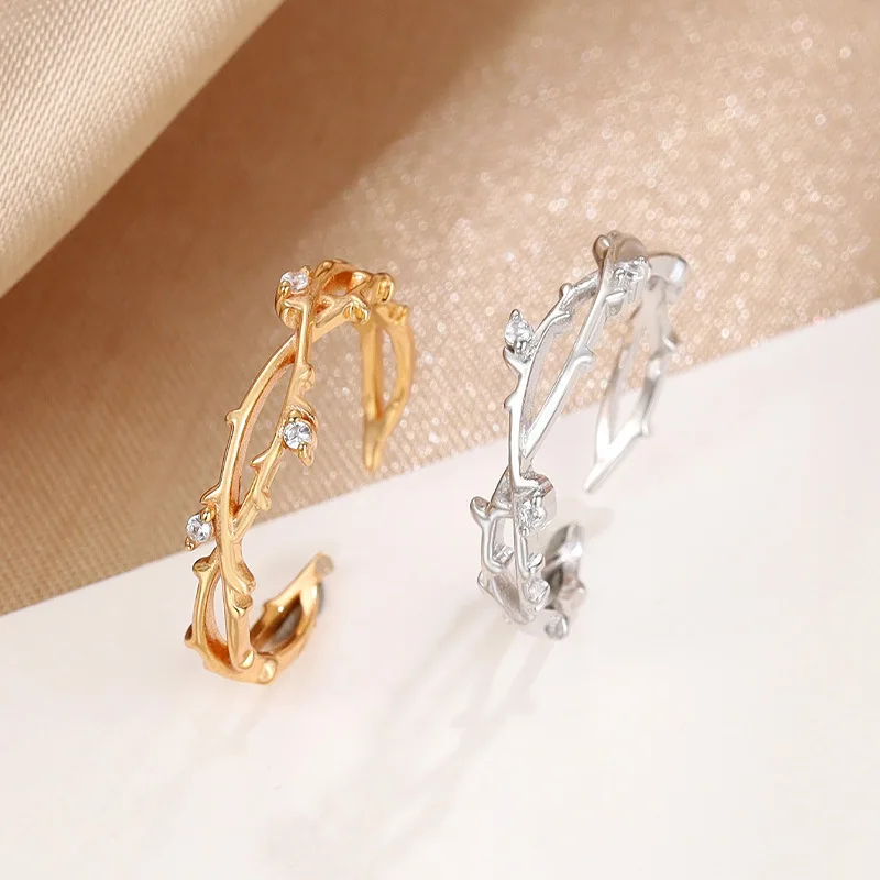 Qipao s925 silver cross rattan ring Korean version fashion light luxury temperament diamond branch opening adjustable ring