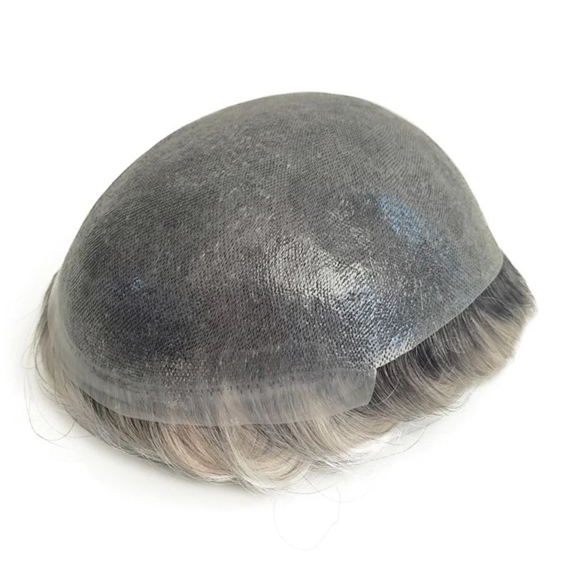 Dark Roots Ombre Grey Human Virgin Hair Super Thin PU Skin Base Hairpiece Men Toupee