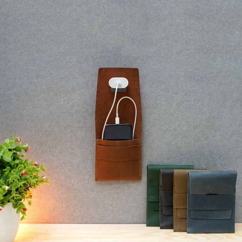 Factory Personalized Leather Mobile Phone Wall Charger Holder Tech Accessory Wallet Cable Organizer