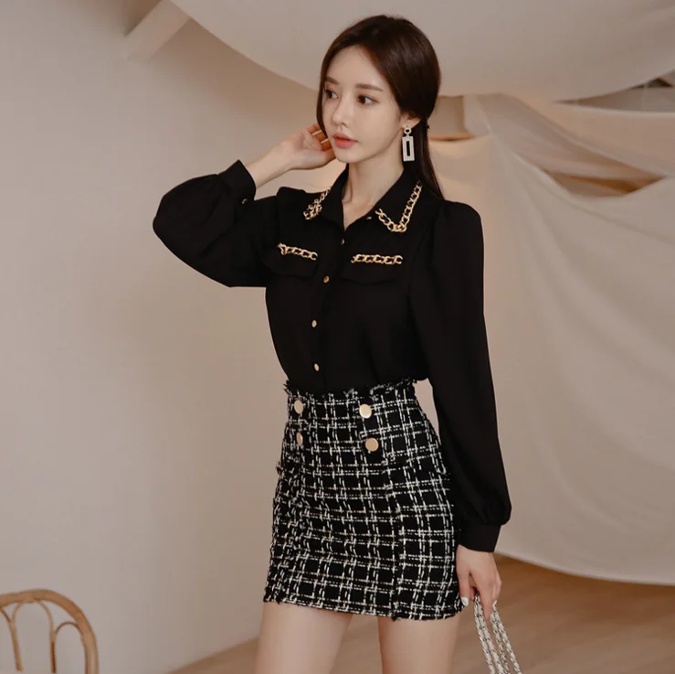 2021 New Two-piece suit OL Business Attire temperament shirt fashion lapel single-breasted chain blouse lantern sleeve Top+Skirt