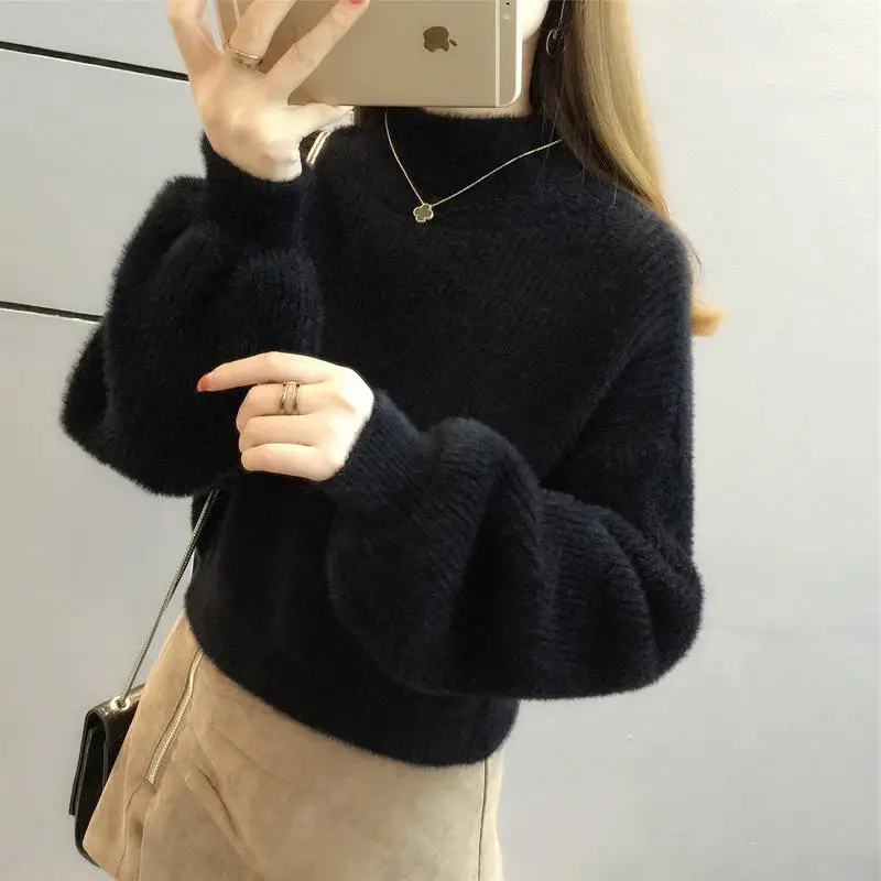 Wholesale New Arrival Fashion women middle high neck batwing sleeve super soft mohair pullover sweater