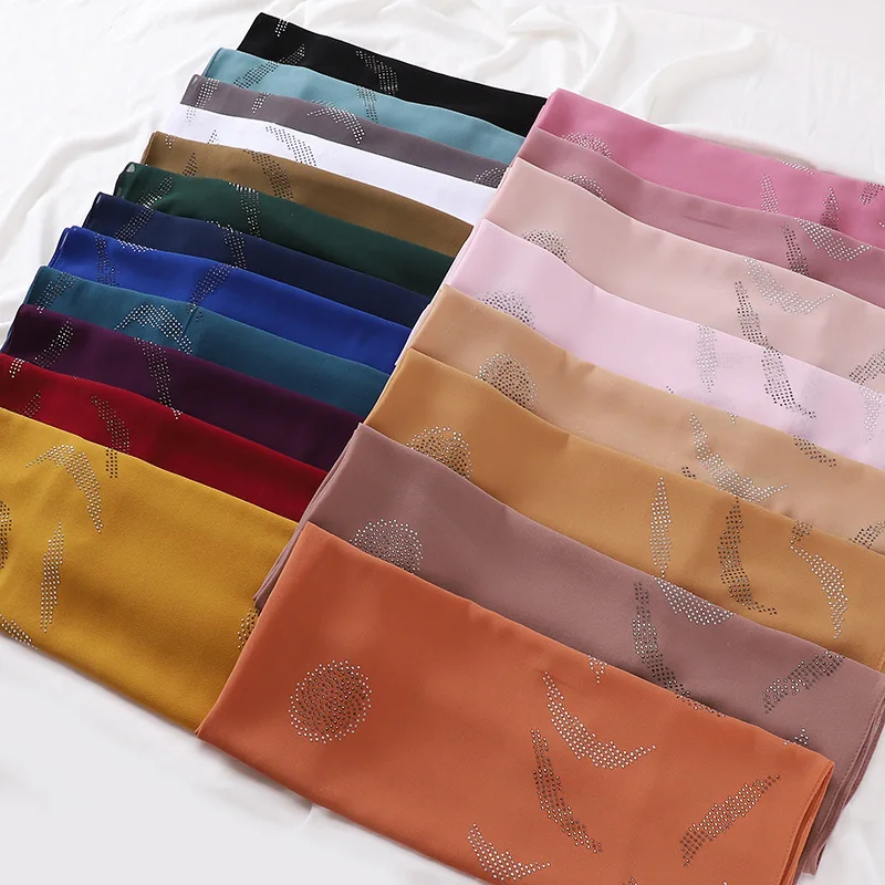 High Quality Chiffon Hijab Scarf Islamic Muslim Malaysia Indonesia Solid Color Rhinestone Chiffon Hijab Scarf