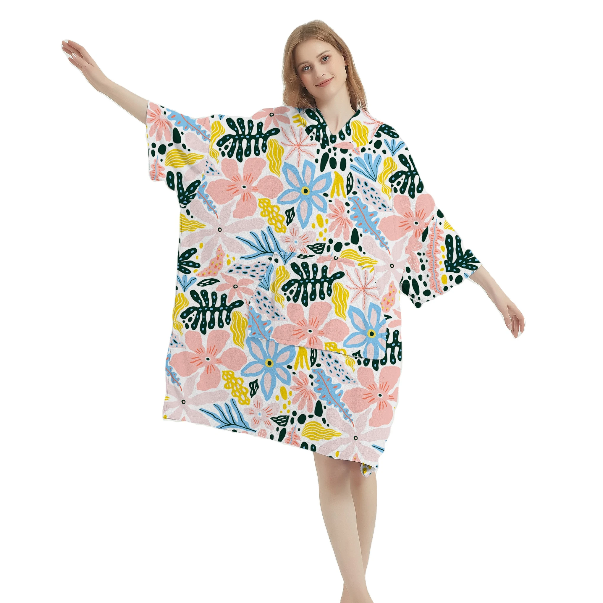 Wind-proof Dry Bathrobe AI Design Microfiber Hooded Bath Towel Adult Changing Bathrobe Beach  Printed Swimming Cloak Towel