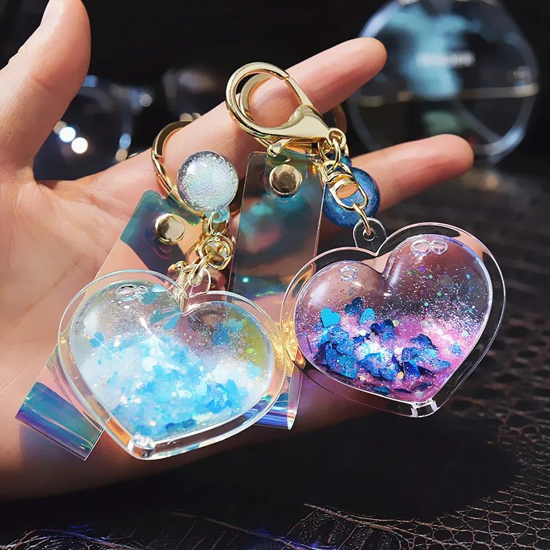 2023 new cute acrylic keyring key chain ring oil floating bubble boba quicksand heart liquid keychain