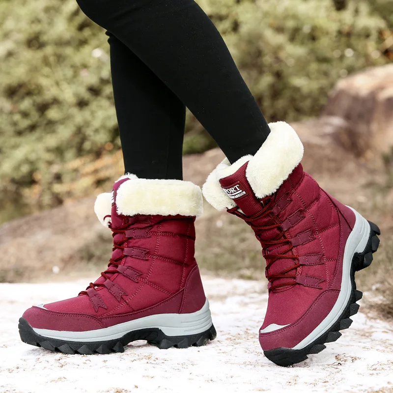 New Style Solid Color Plush Warm Waterproof Snow Boots Fashion Lace Up Outdoor Casual Winter Boots For Women