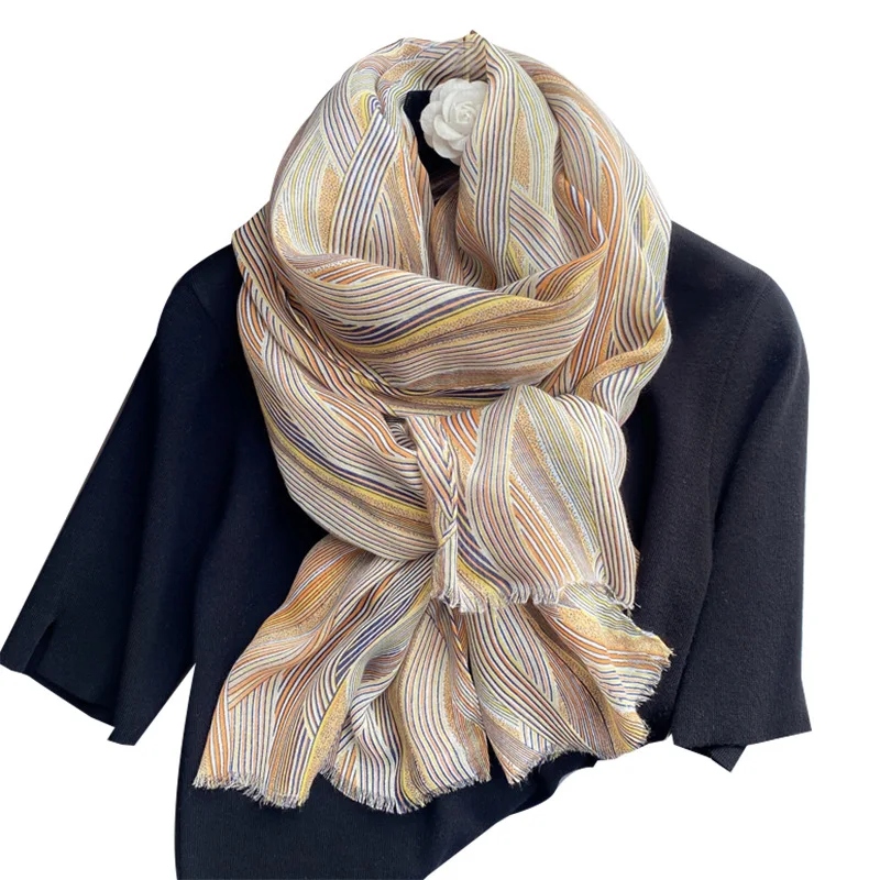 Женский шарф в Корейском стиле на весну и осень, длинная шаль из хлопка и льна с красочным геометрическим принтом, шарф двойного назначения