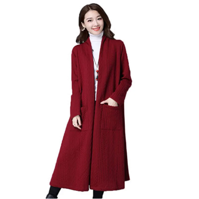 JACKETOWN High quality winter girls red thick long sleeve cardigan split women long knitted sweater cardigan coat