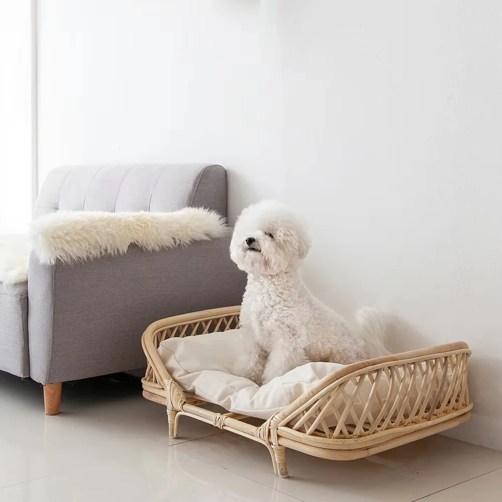 Hovicaed Luxury cat pet dog bed made natural high quality rattan wood furniture bed for pets Amazon best choice