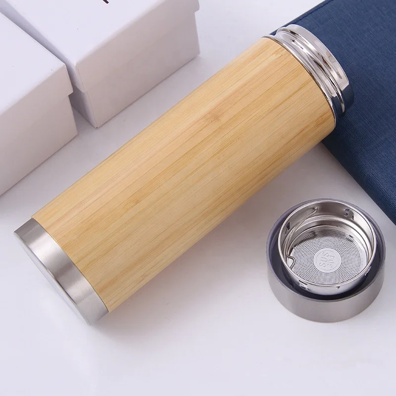 450ml Natural Stainless Steel Bamboo Vacuum Insulated Bamboo Thermos Tumbler With Tea Infuser