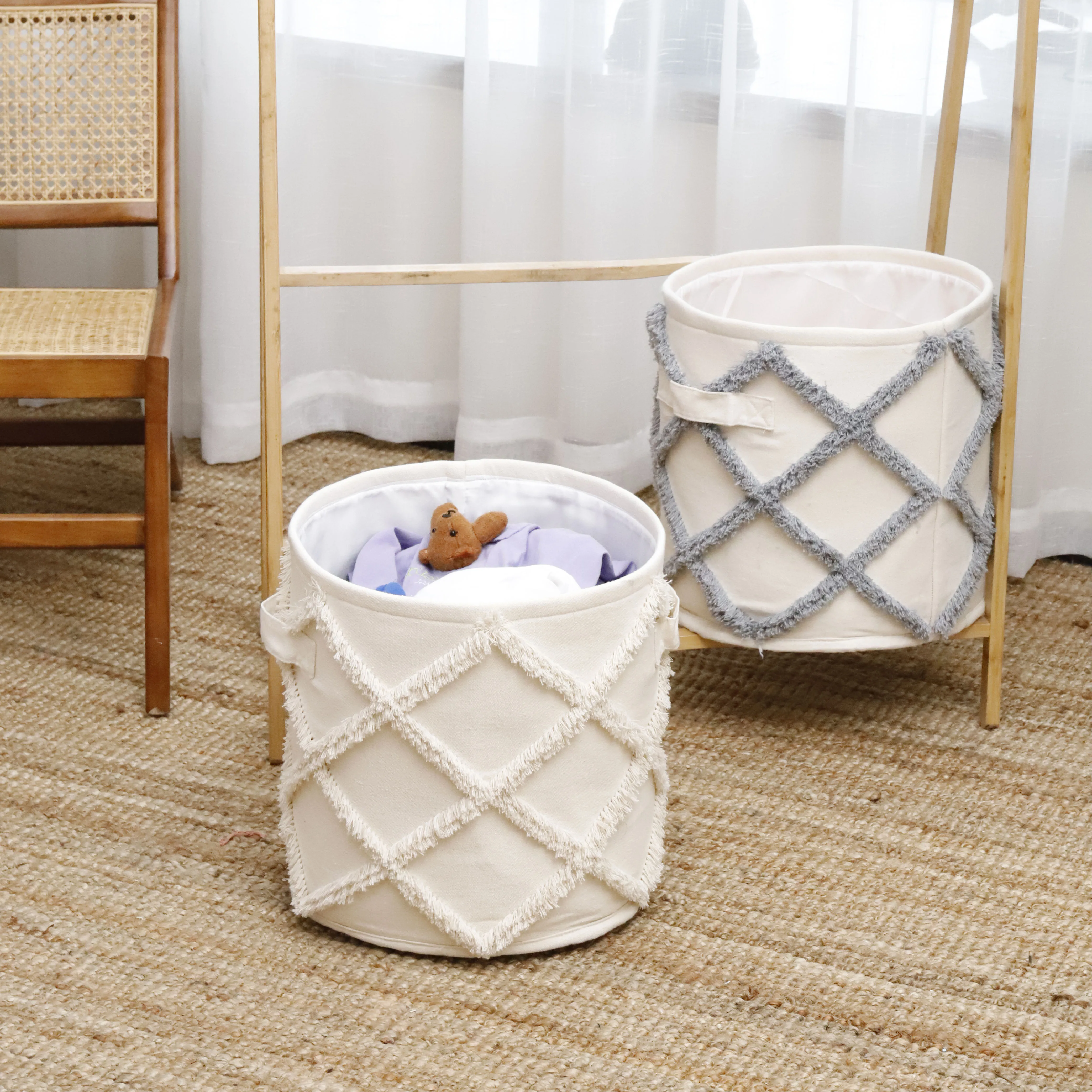 Collapsible Laundry Hamper Handles Cotton Laundry Basket Drawstring Round Storage Basket