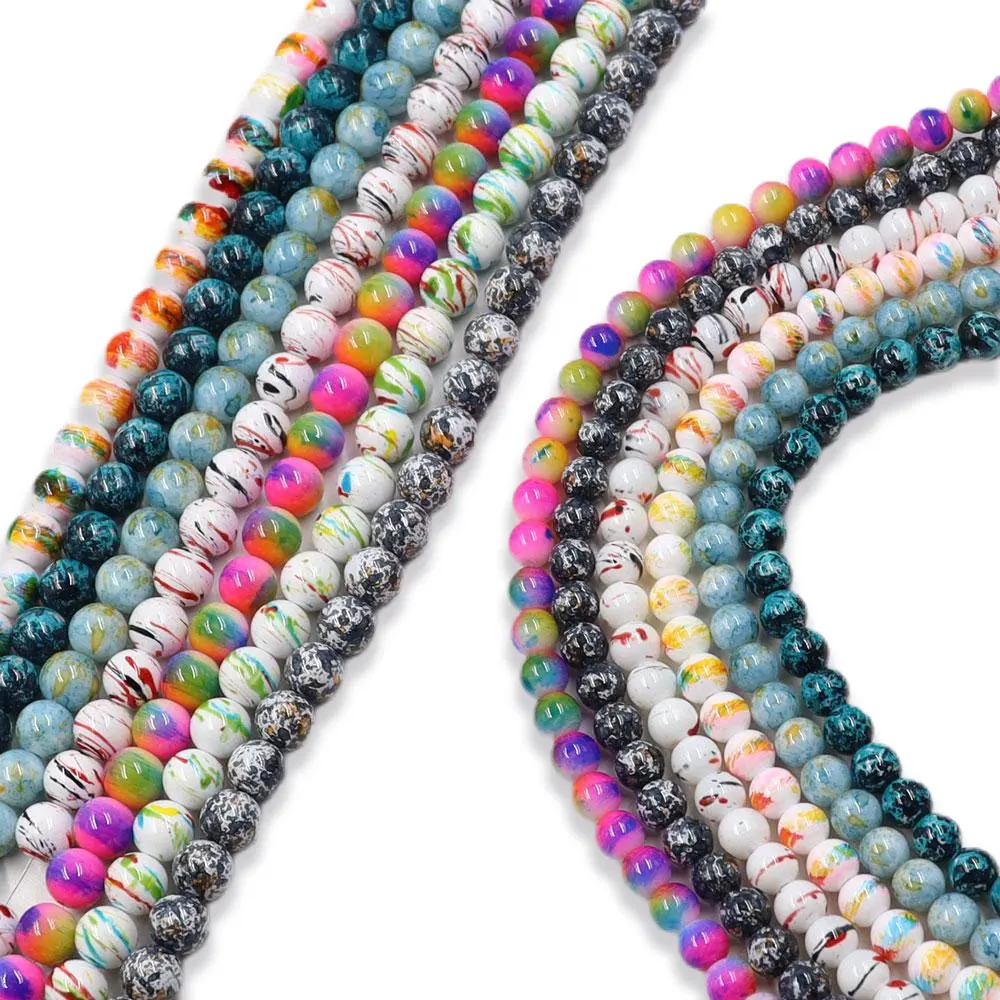 8mm 10mm Mixed Round Glass Picture Beads for Jewelry Making 10 Colors Stock For Sale Plated Technique