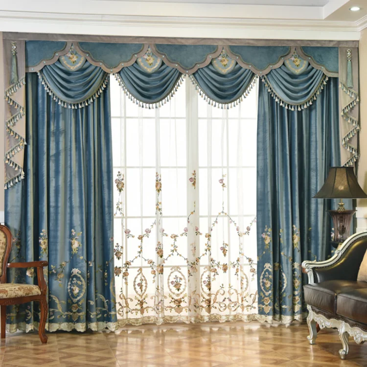 European curtain living room luxury bedroom embroidered shading fabric luxury villa curtain finished products