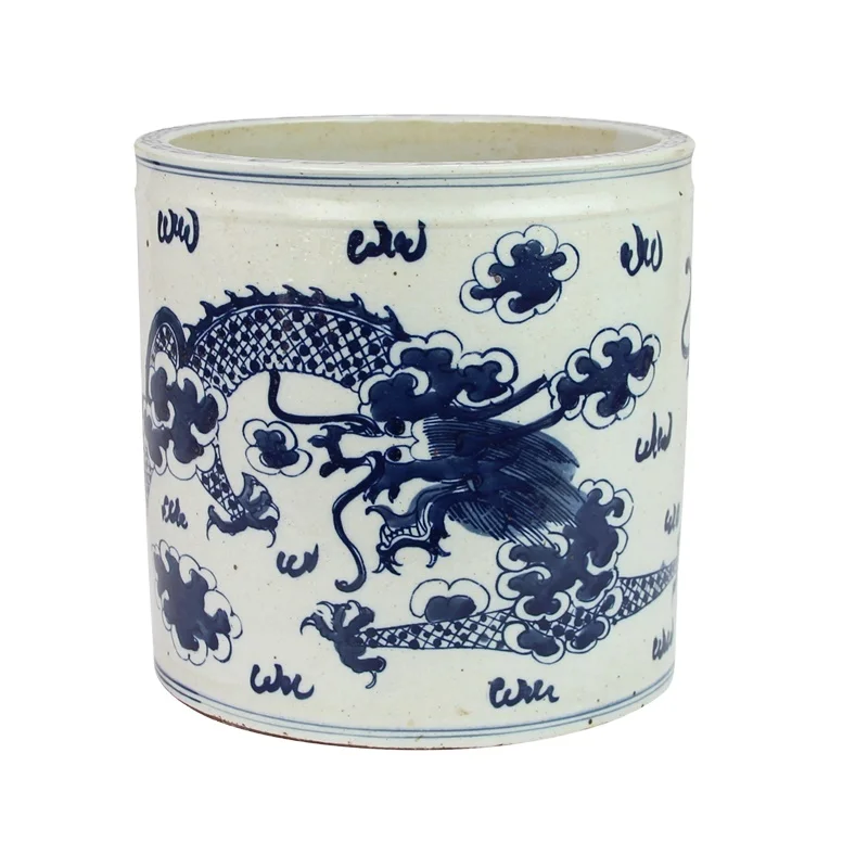 RZKT03-L 20cm Antique Blue and White Dragon Pattern Pattern Cylinder Shape Ceramic Flower Vase Pen Holder