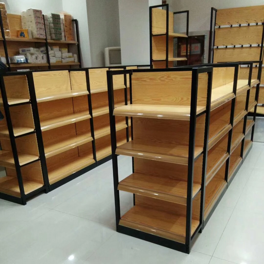 OEM Wooden Gondola Display Shelf Steel Display Rack Products Double Side Gondola Shelving