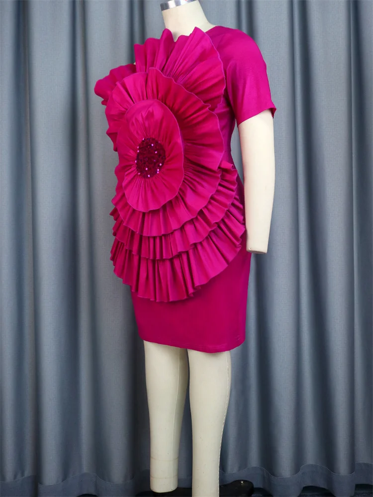 High quality 3D flower midi dress ladies banquet pleated evening party dresses 2024