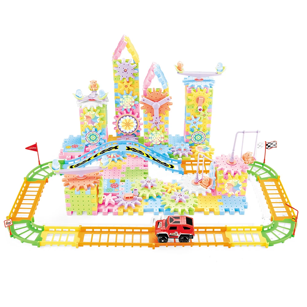 213pcs electric gear blocks diy play set plastic bricks toy with track and mini race car