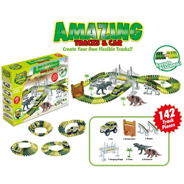 Race Track Dinosaur Create A Road 2 Toy Cars 2 Dinosaurs 142 Piece Flexible Track Train Play Set