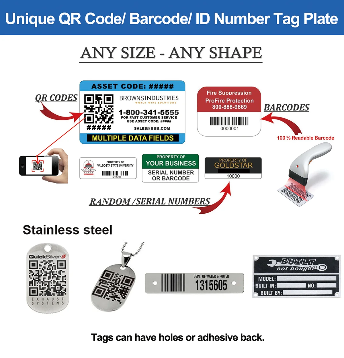 Asset Tracking Tag Aluminum Name Tag Property Tags with Different Unique Barcode QR code ID Number