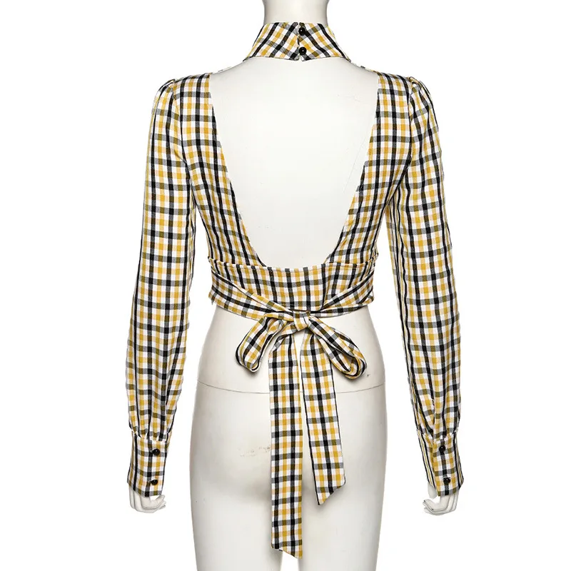 Womens Clothing Fashion Plaid Bandage Long Sleeve Shirt Women Slim Short Blouse