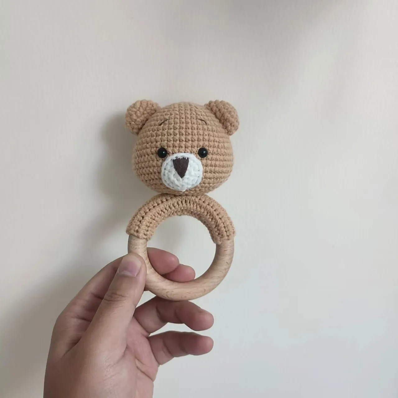 Wooden Animal Rabbit Baby Rattle Crochet Knit Bunny Teething Sensory Toys for Babies