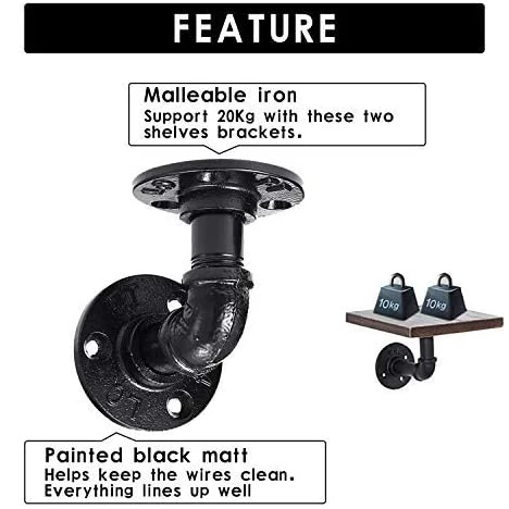 black wall mount iron pipe regal halter brackets  Cast iron vintage home storage supports wall floating shelf bracket and rack