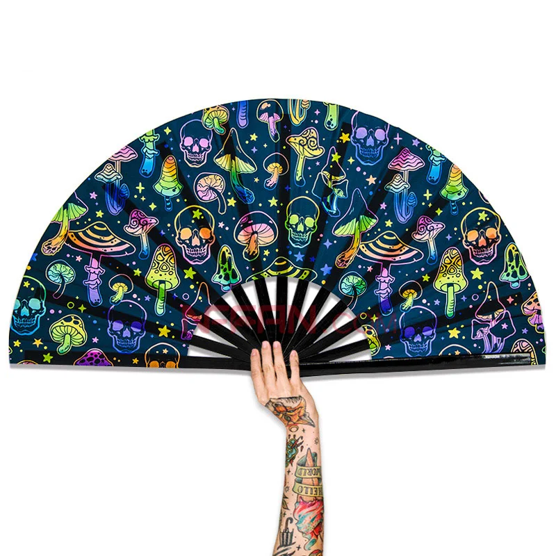 Custom Printed Large Decorative Bamboo Crafts Folding Hand Fan Clack Hand Held Fans as Women Rave Festival Party Accessories
