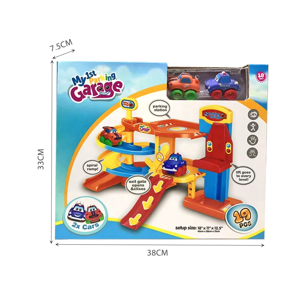 First Parking Garage Toy for 18M Baby Cheap Cartoon Parking Lot Toy with 2 Freewheel Car Easy to Assemble Slot Car Toy Set 19PCS