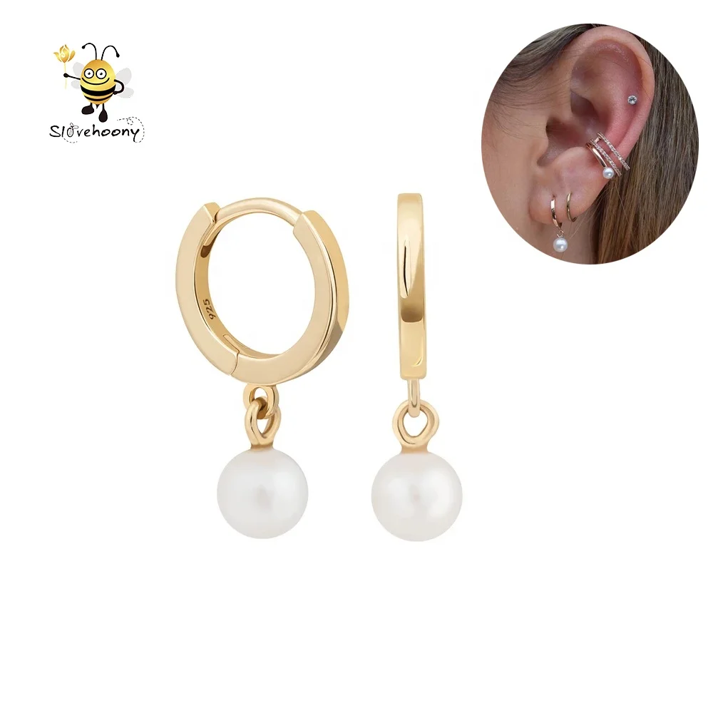 Slovehoony 18K золотом обручальные серьги с жемчугом 925 серебряные сережки жемчужные Huggies Серьги в серебряных ювелирных